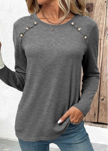 Modlily Grey Button Long Sleeve Round Neck T Shirt