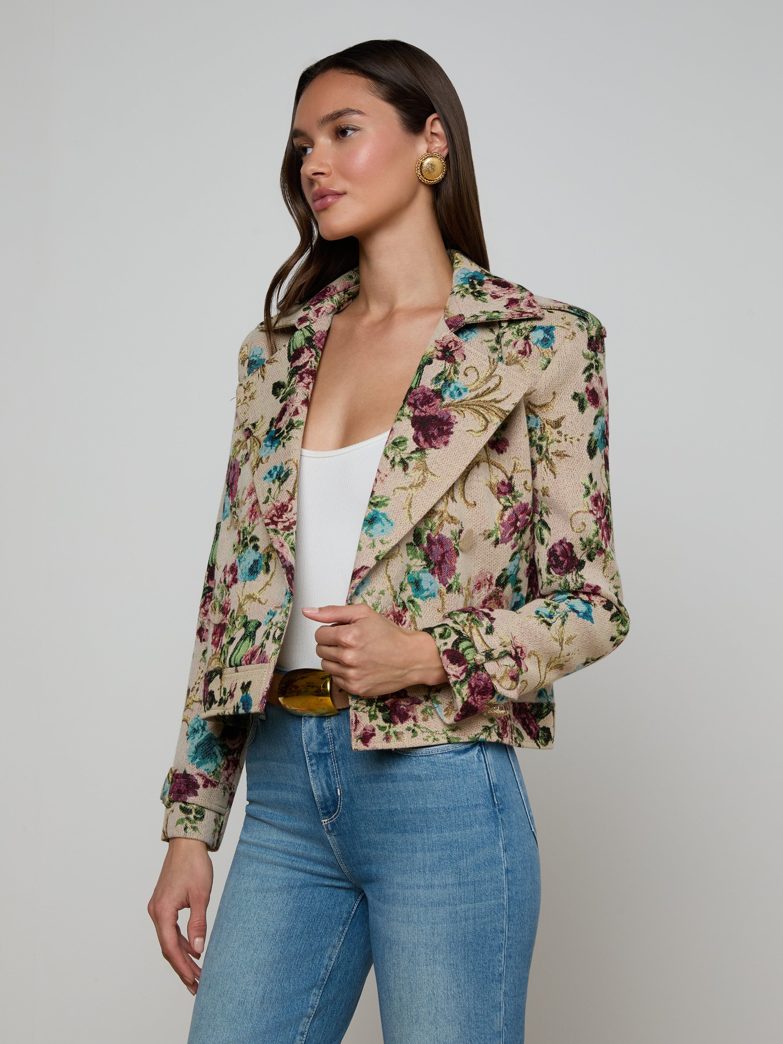 Xoey Cropped Trench Coat In Multi Floral Tapestry