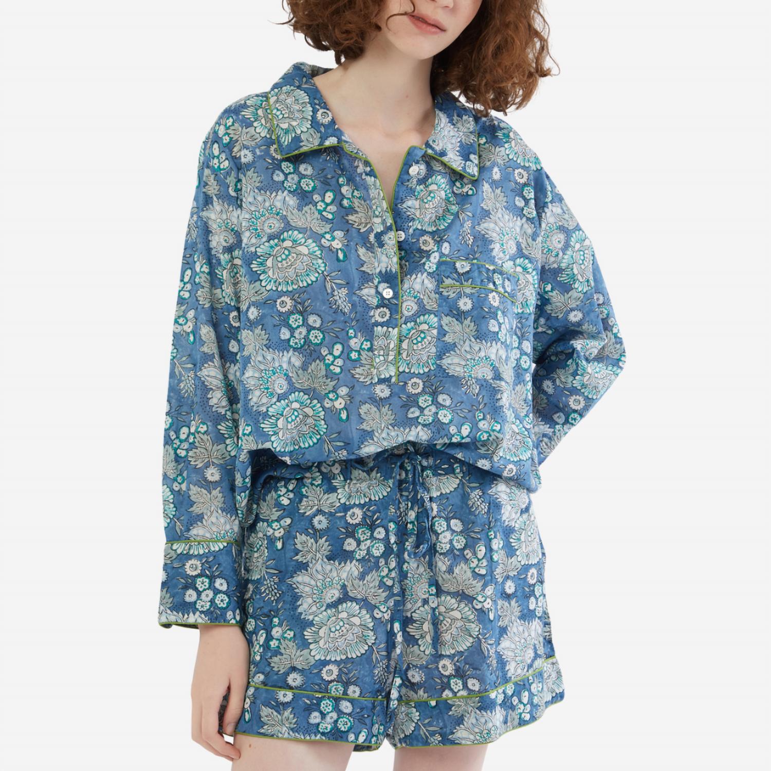 Lightweight Floral Short Pajama Set In Grey Petrol Blue / Baby Blue