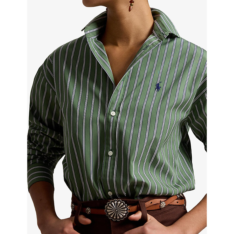 Womens Striped Brand-Embroidered Cotton Shirt