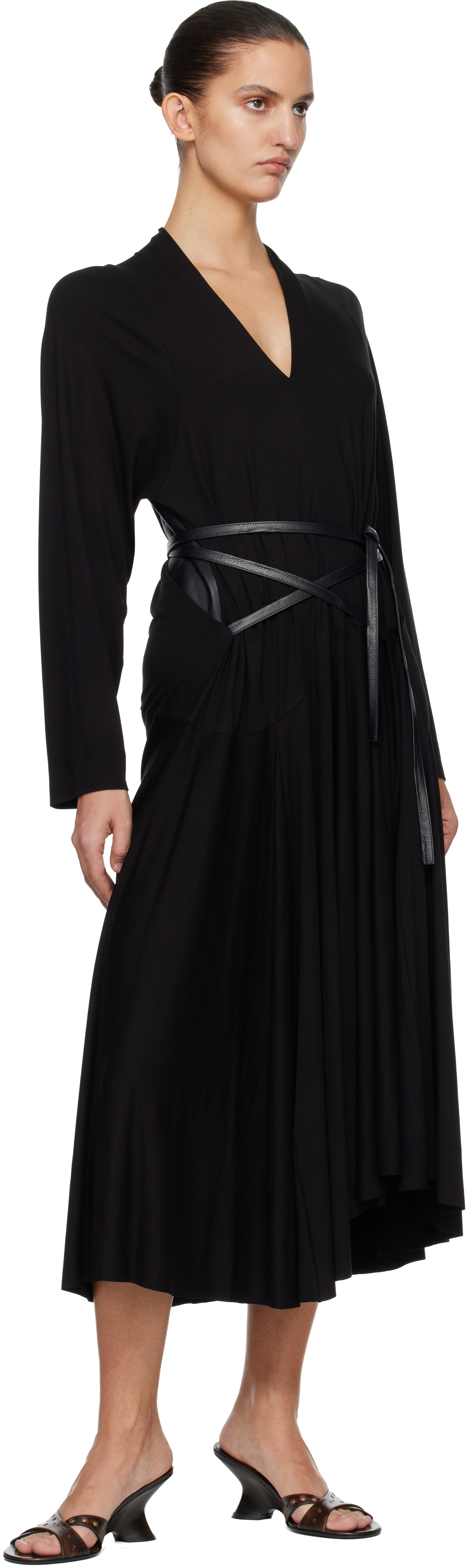 Black Jersey & Leather Wrap Midi Dress