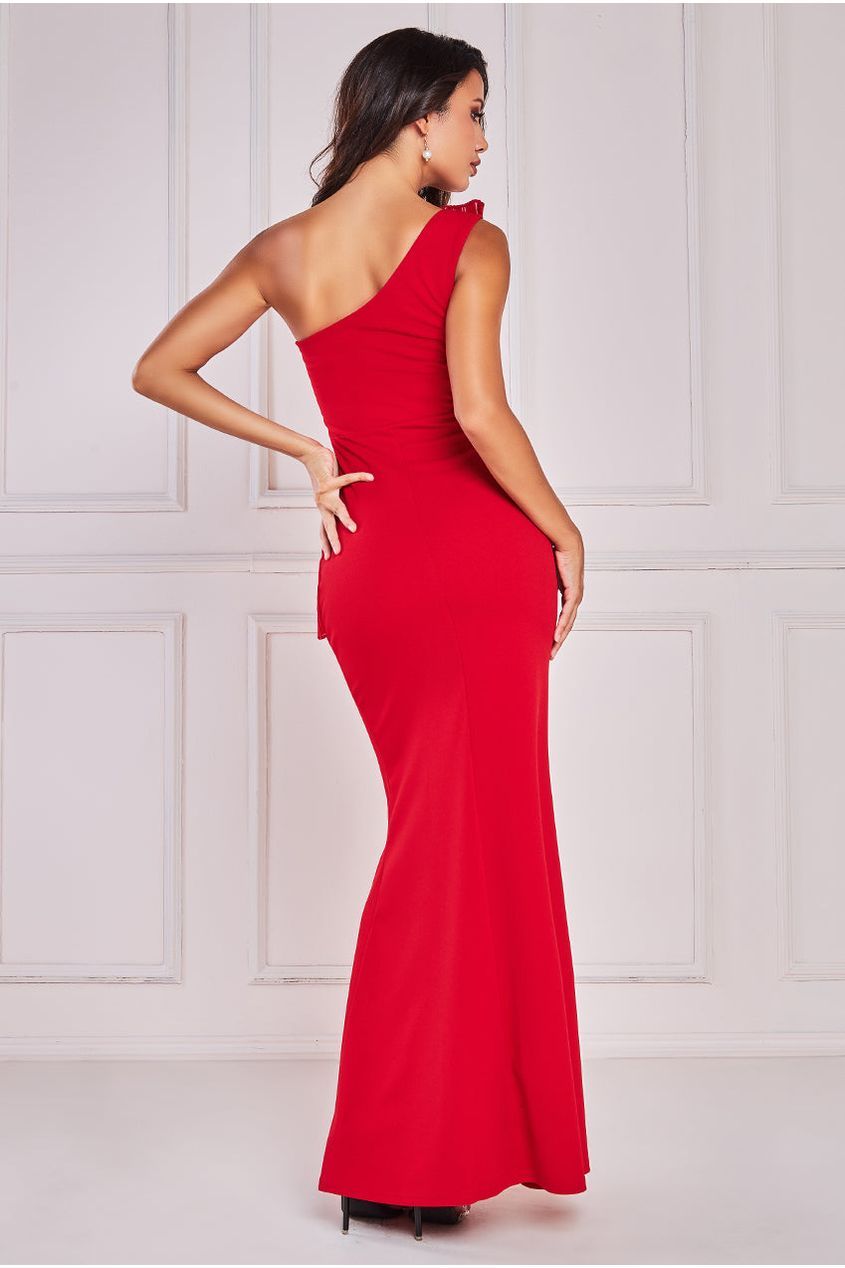 One Shoulder Pleated Fan Maxi Dress
