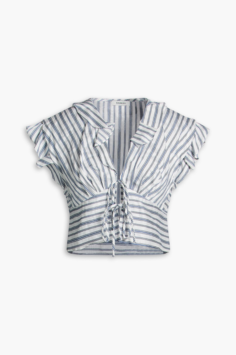 Cropped ruffled striped linen-blend top - Blue - 2