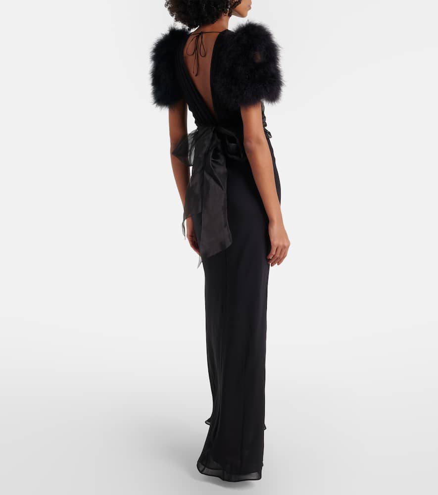 Feather-trimmed silk georgette gown