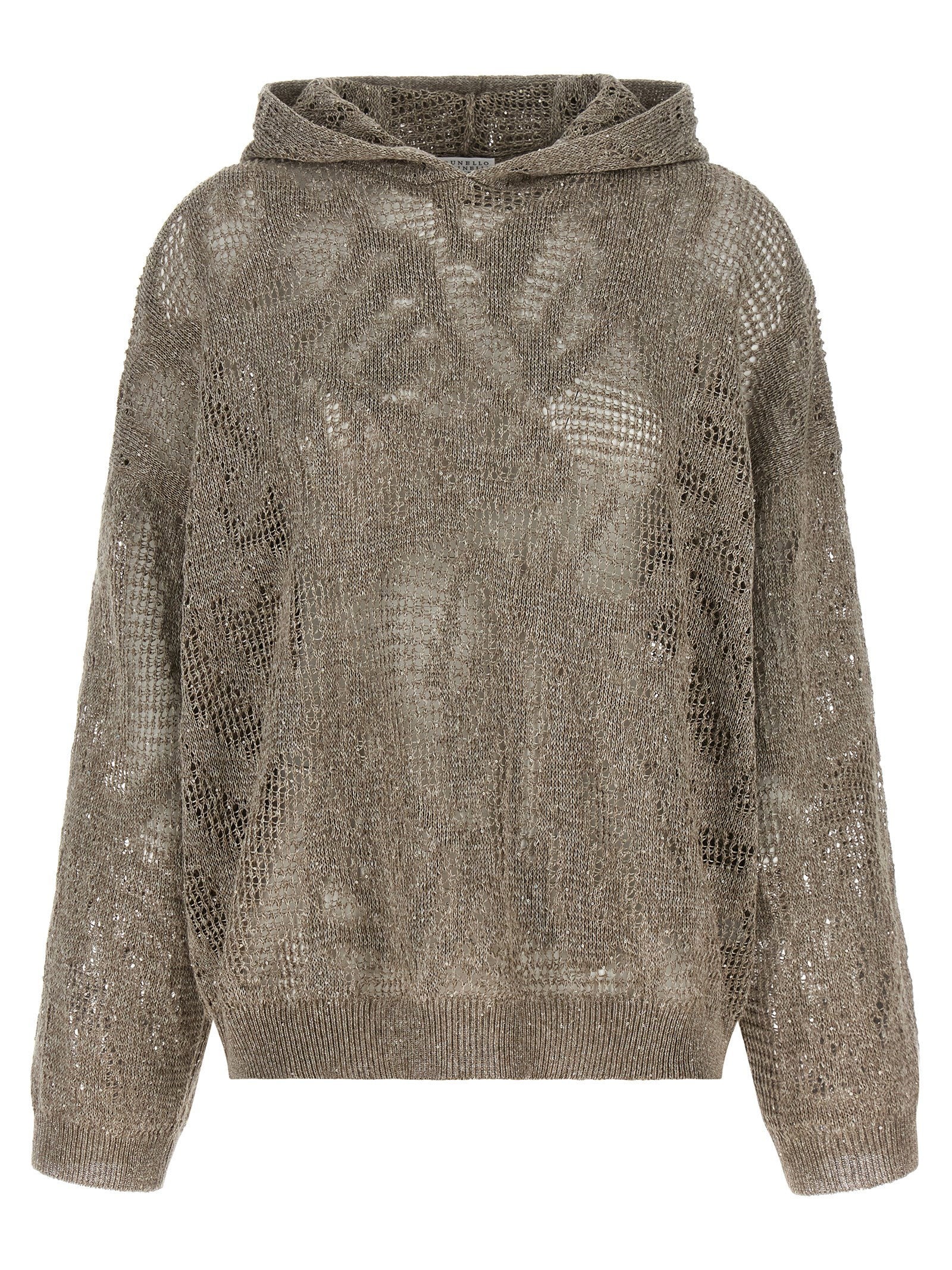 Openwork Linen-Cotton Hooded Sweater — Beige