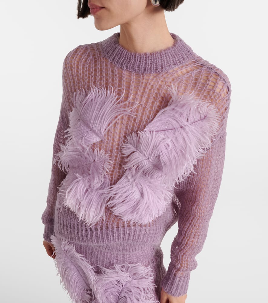 Feather-trimmed open-knit mohair-blend sweater
