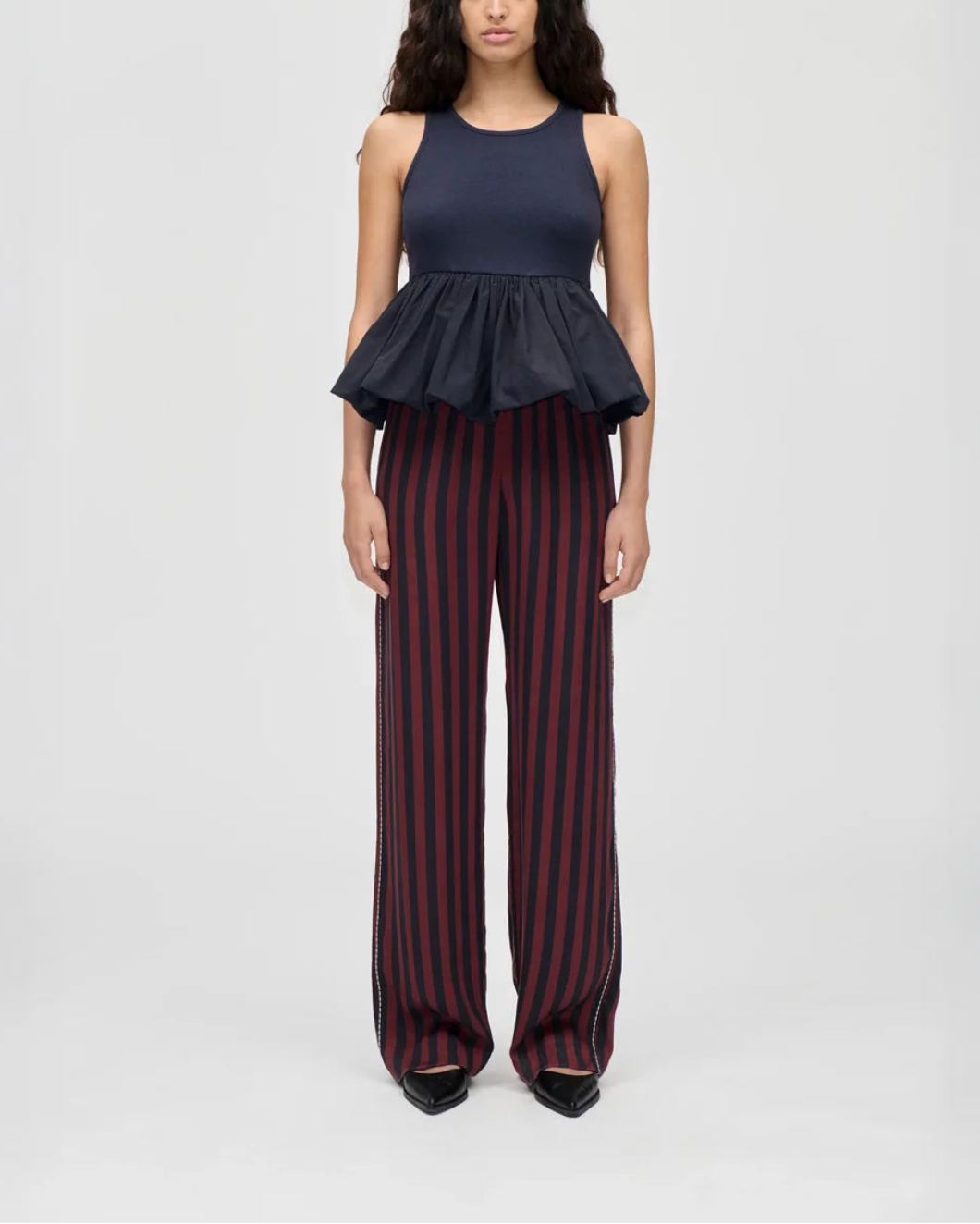 Elasticated Long Pants Navy and Burgundy Wallpaper Stripes