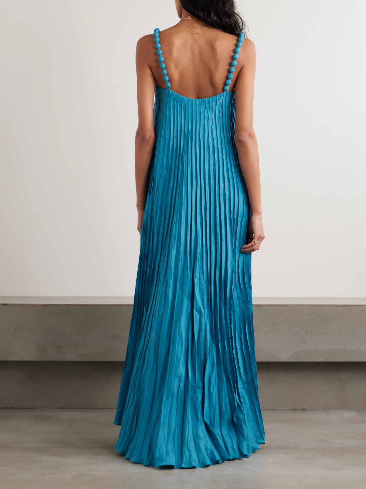 Un Ritmo Bead-embellished Plissé-linen Maxi Dress - Blue