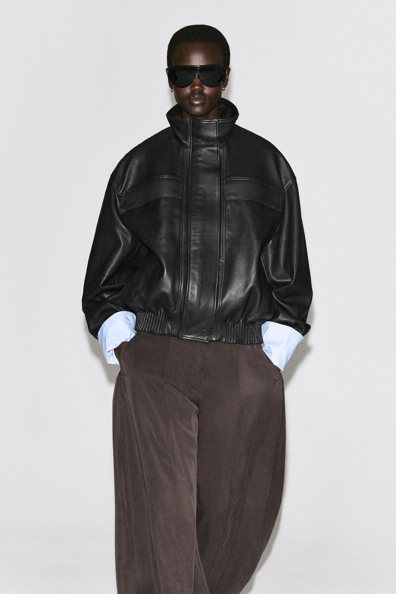 Leather Mock-Neck Bomber Jacket