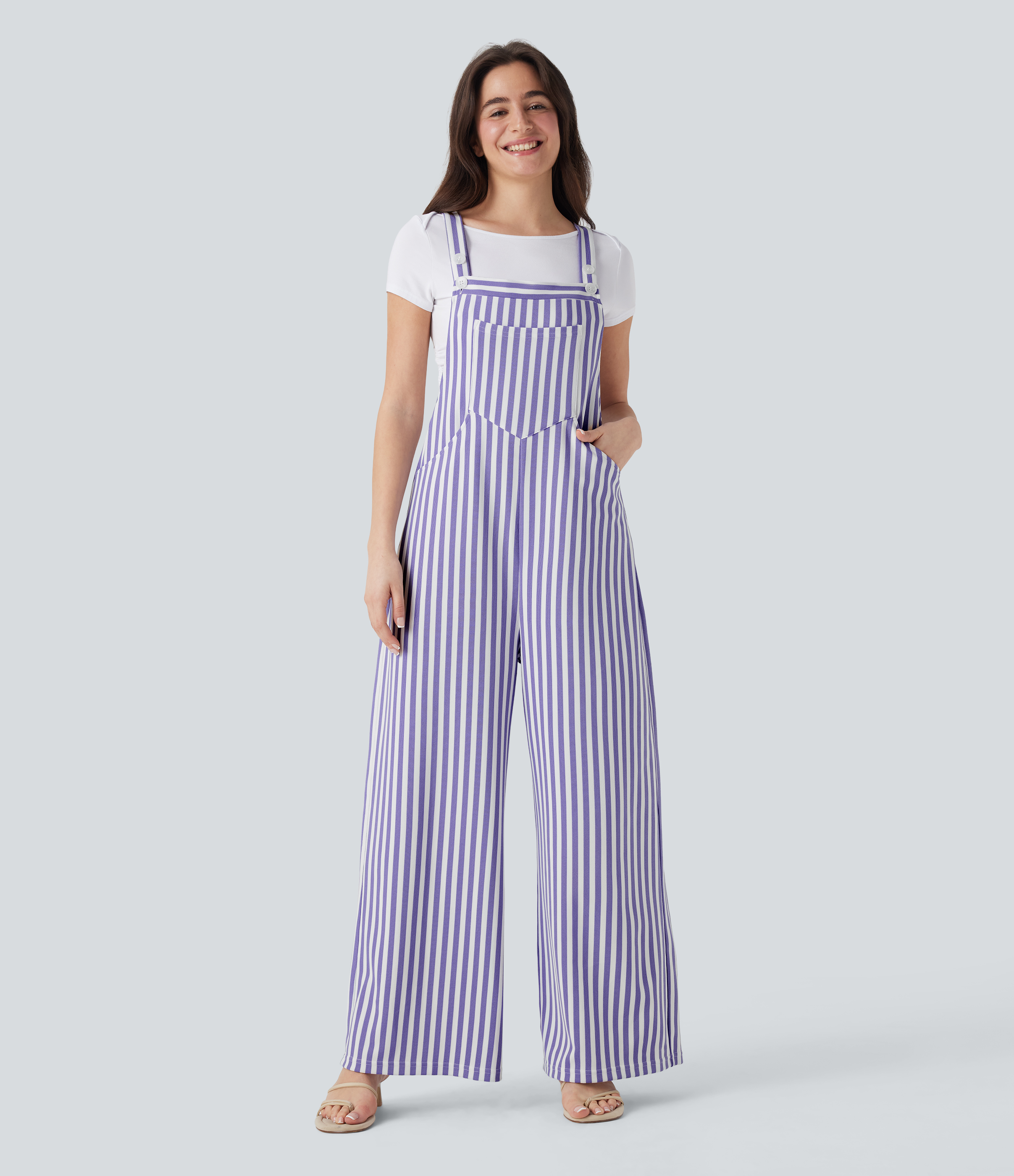 Pockets Stripe Waffle Overalls  - Lilac Stripe