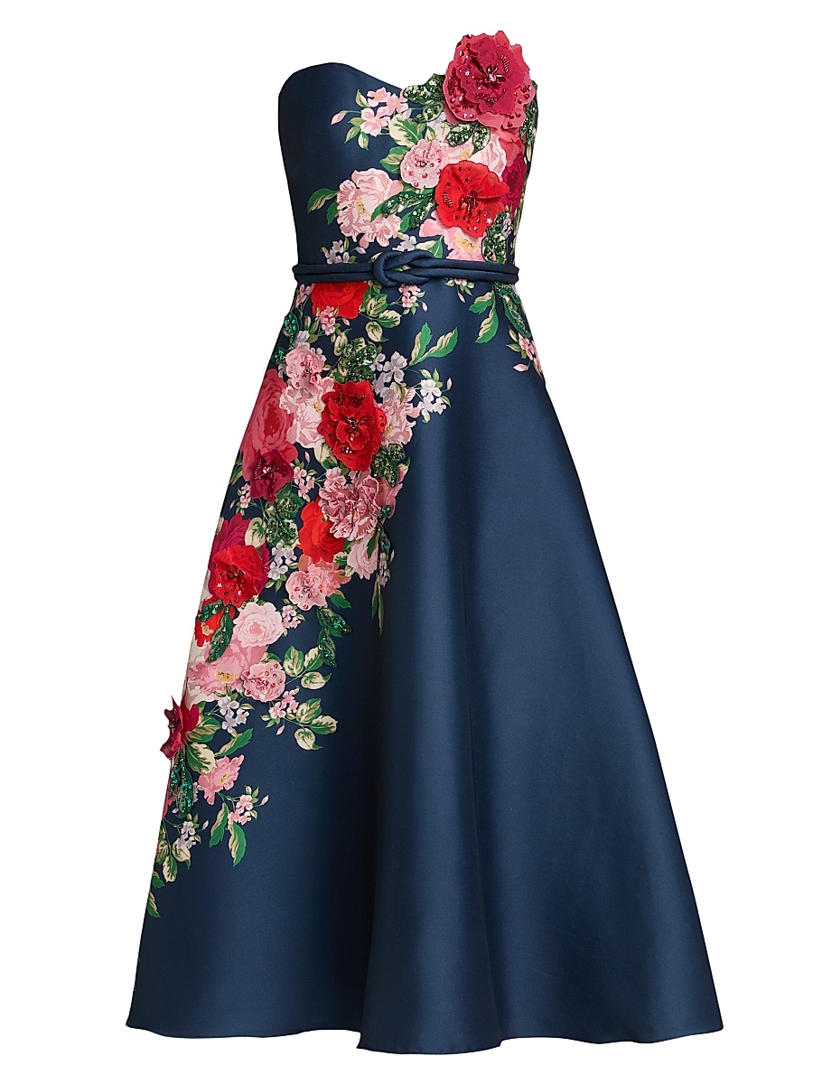 Women's Floral Embellished Strapless Cocktail Dress - Navy