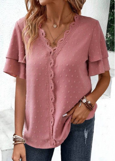 Modlily Pink Lace Short Sleeve V Neck Blouse