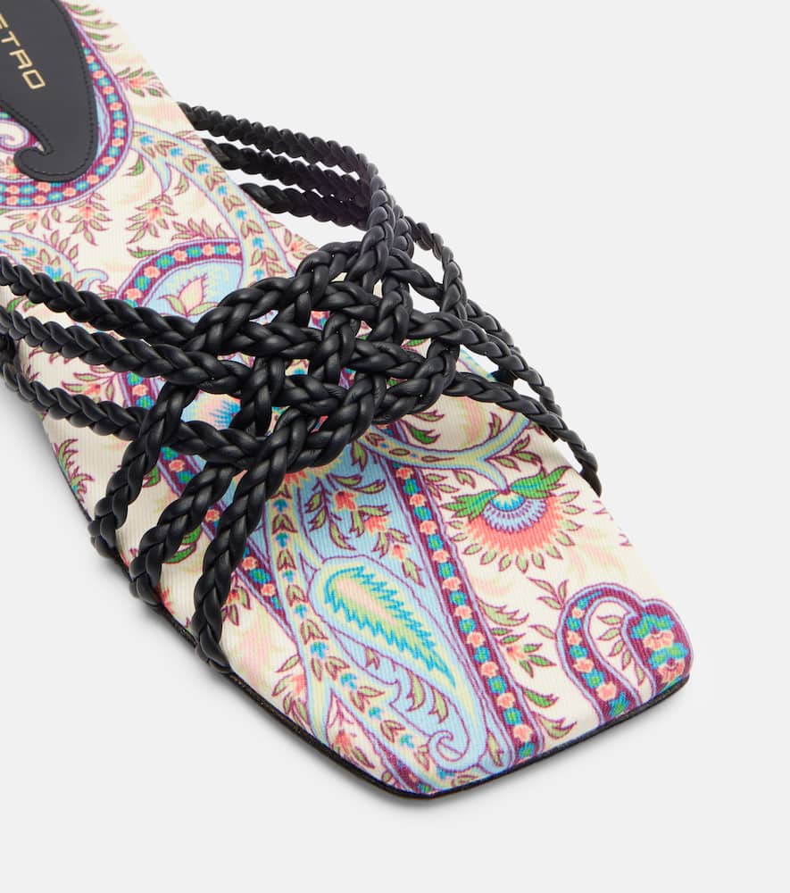 Canvas-trimmed printed leather slides