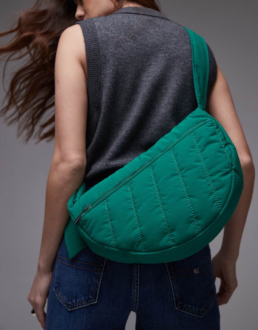 Topshop Cora nylon quilt cross body bag with front pocket in green-Multi