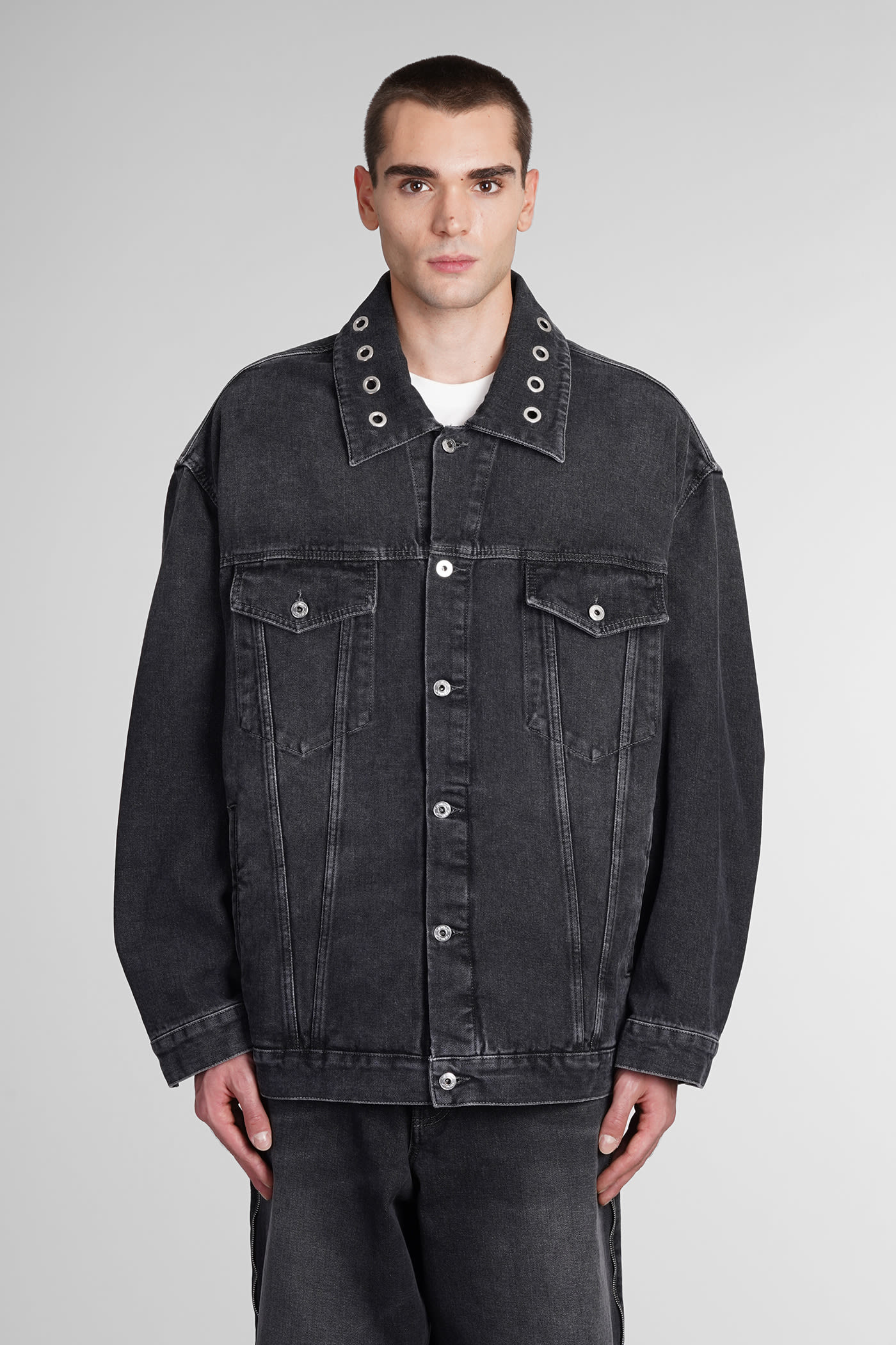 Eyelet-detail drop-shoulder denim jacket - Black
