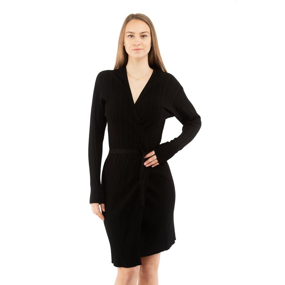 Ribbed Viscose Wrap Dress — Black