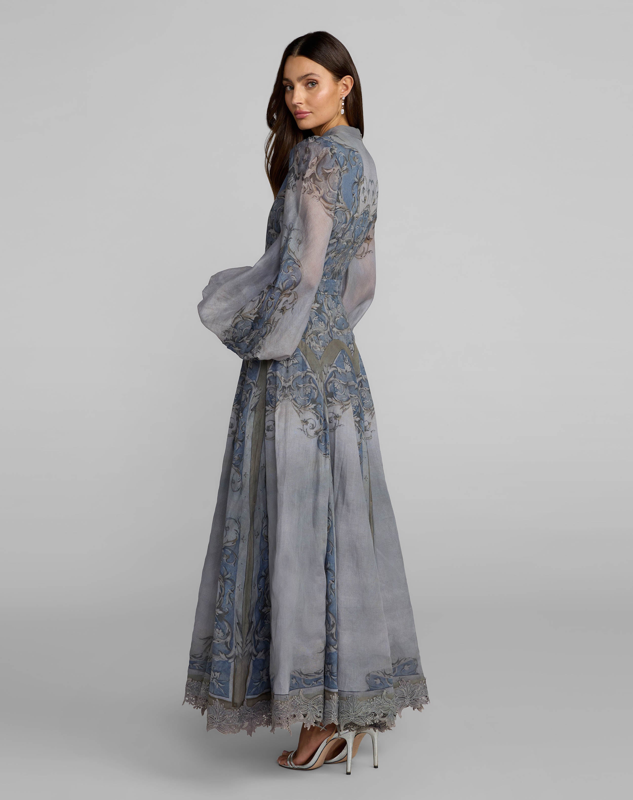 Gray Bishop Sleeve Printed Cotton A-Line Dress