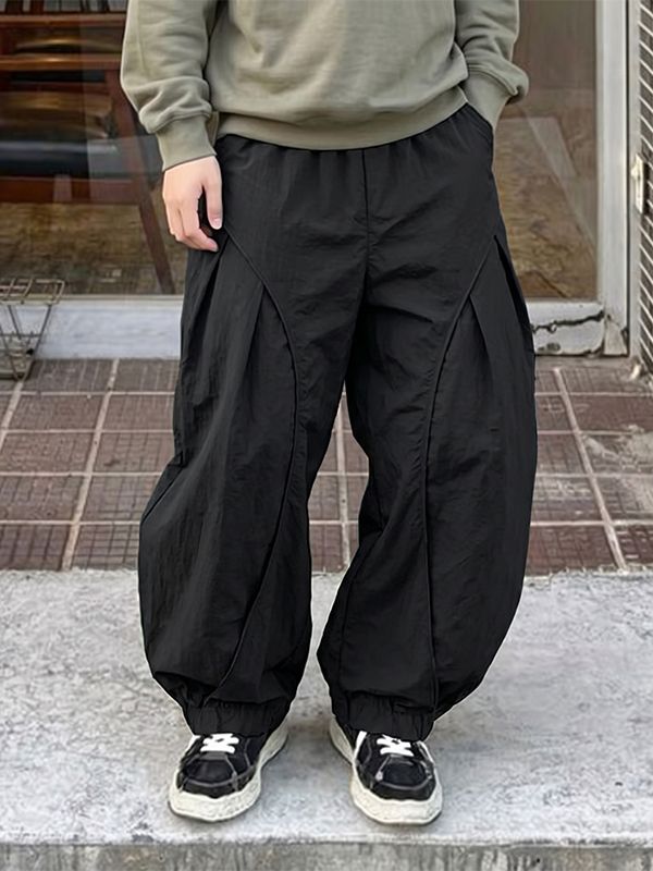 Men's Harajuku Streetwear Oversized Baggy Curved Pleated Elastic Waist Pant SKUL66153 - Black / S
