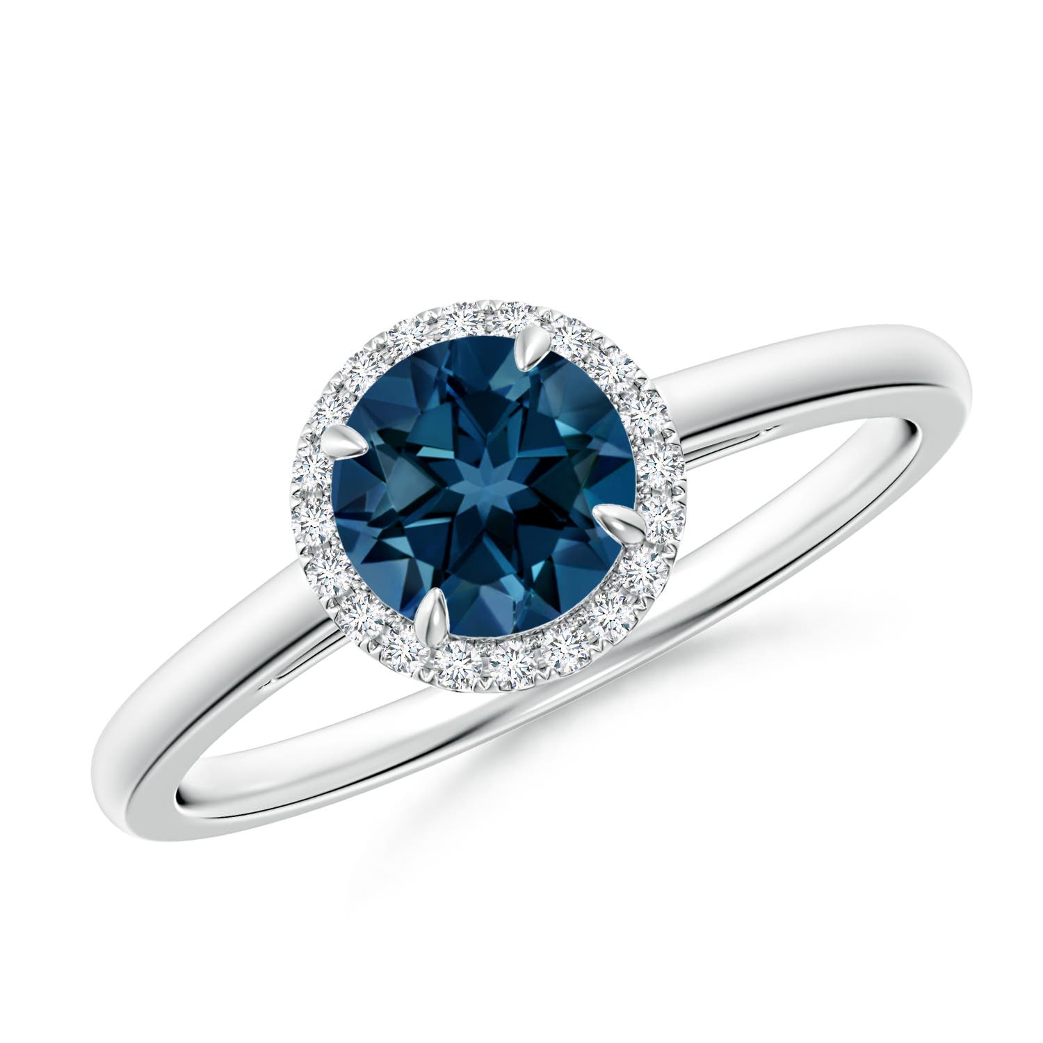 Angara 0.95 Carat Round London Blue Topaz Cathedral Ring with Diamond Halo in Platinum