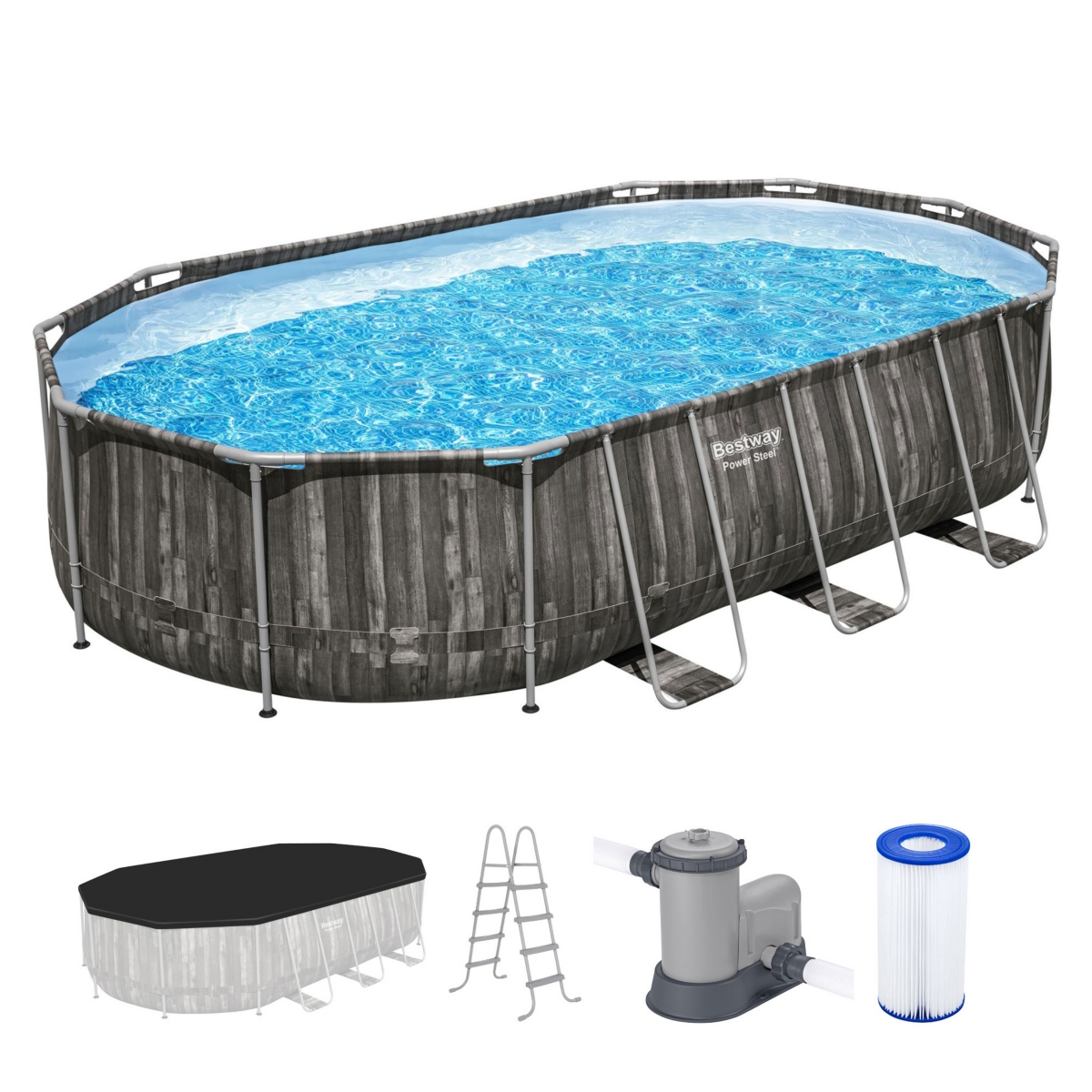 "Power Steel 20' x 12' x 48"" Oval Above Ground Outdoor Swimming Pool Set - Gray"