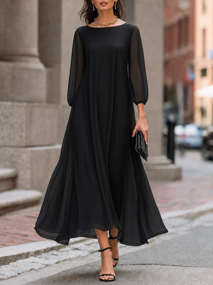 Sheer Sleeve Flowing A-Line Maxi Dress - Black