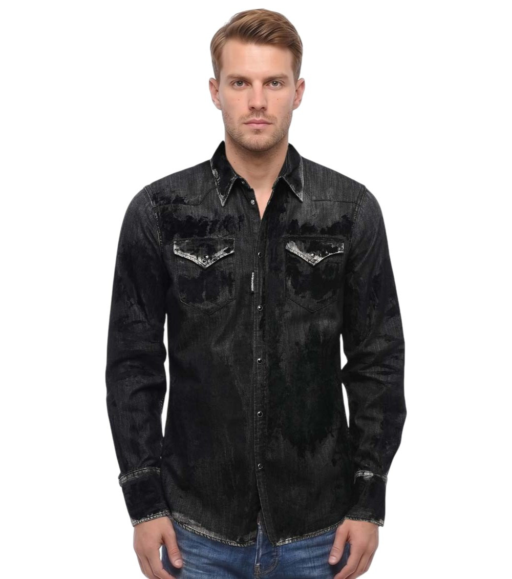 Flocked Denim Western Shirt