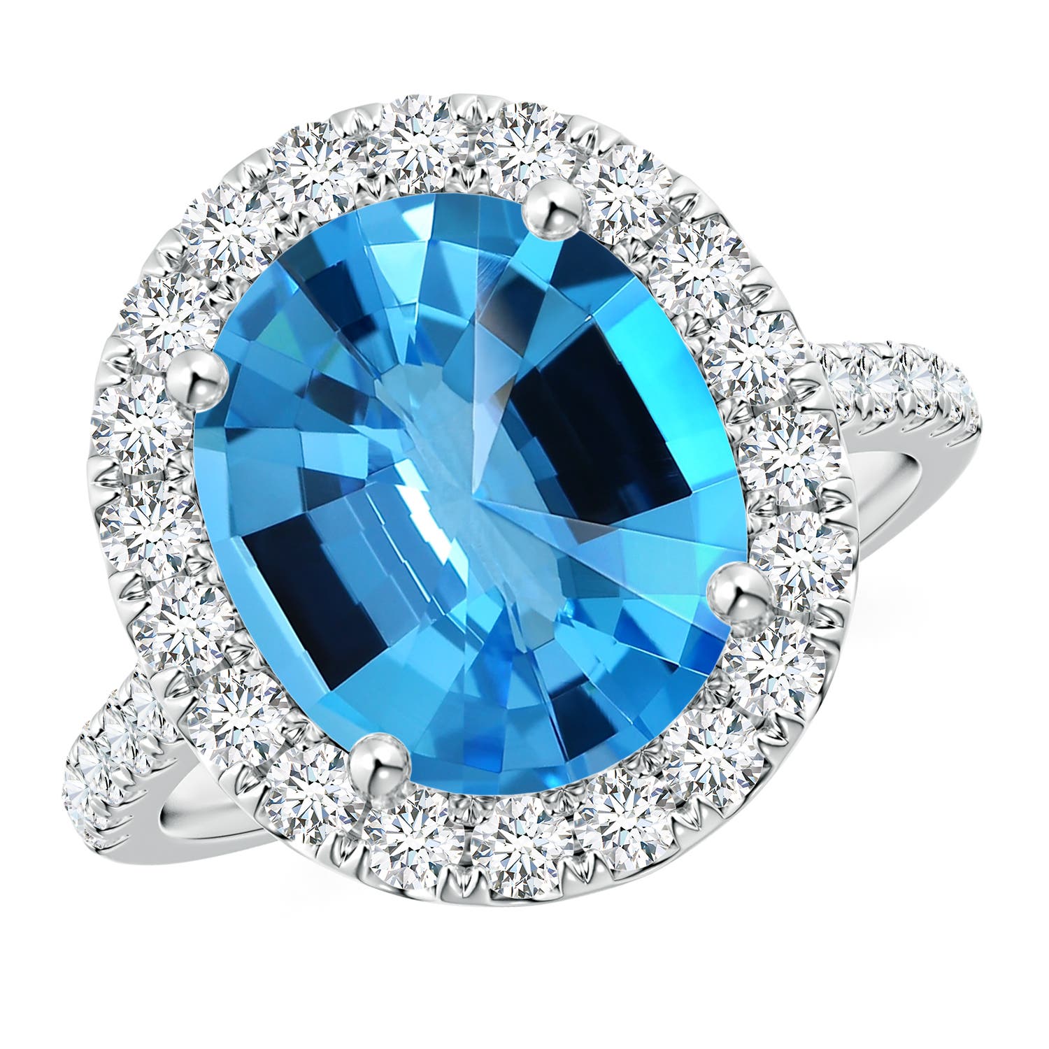 Angara 4.9 Carats GIA Certified Prong-Set Oval Swiss Blue Topaz Halo Ring with Diamonds in Platinum