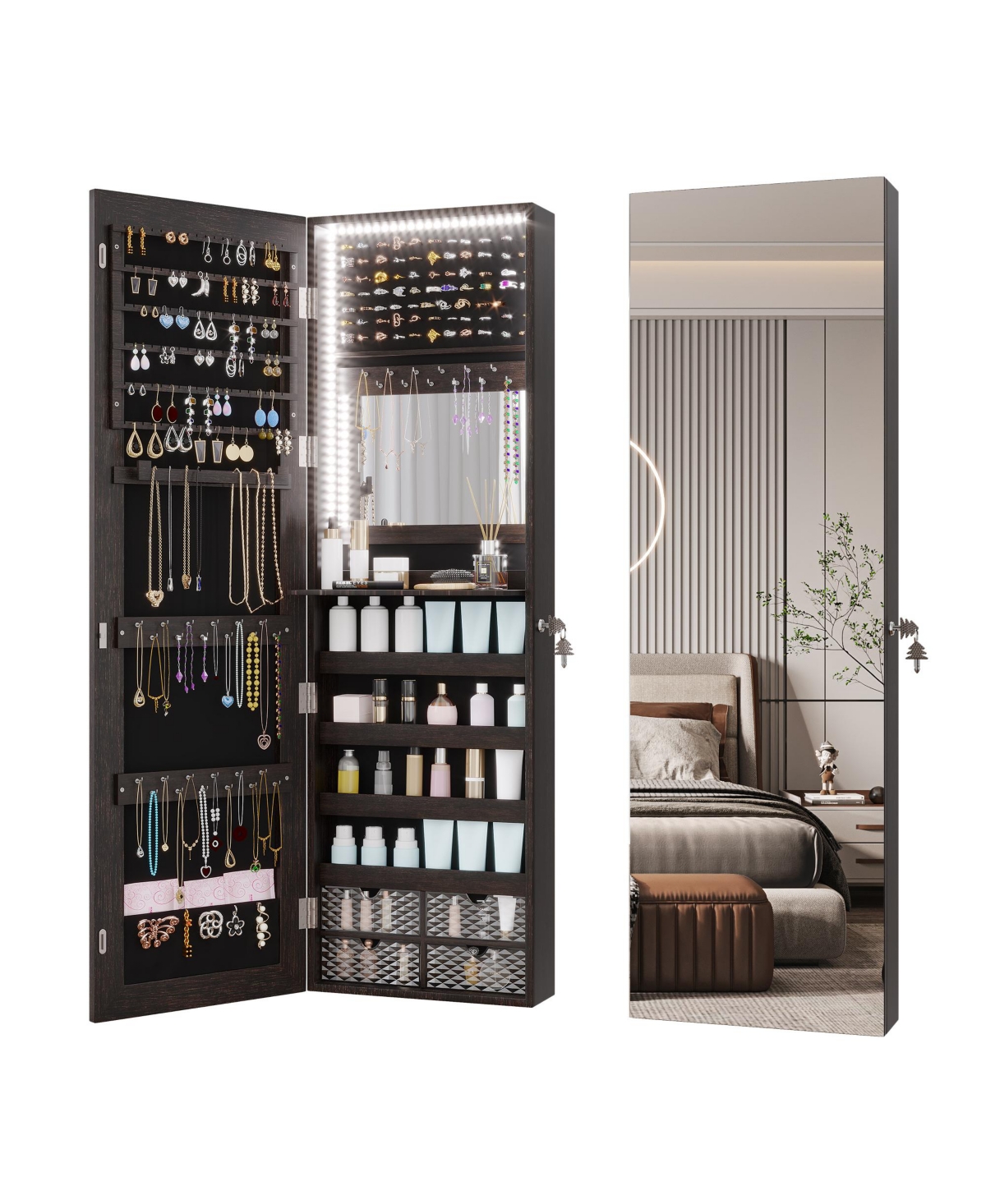 Wall/Door Mounted Led Jewelry Storage Mirror Cabinet - Black