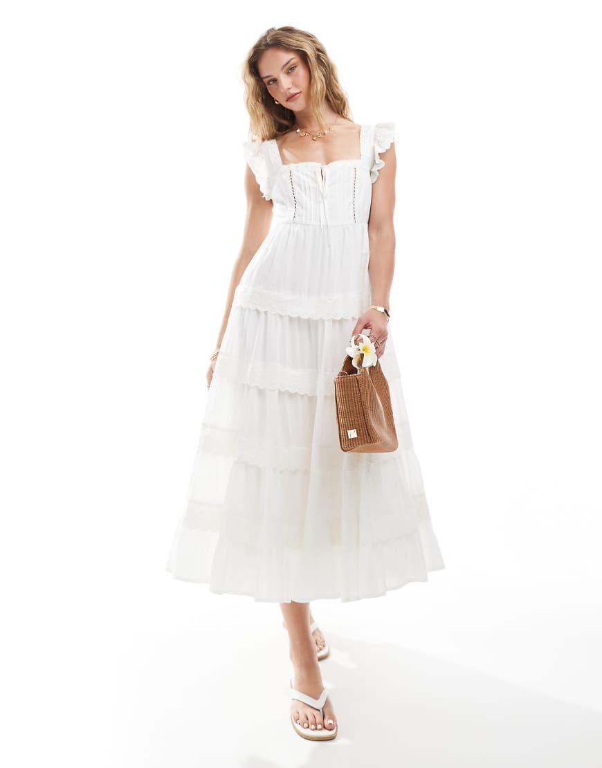 Miss Selfridge broderie trim baby doll maxi dress in white