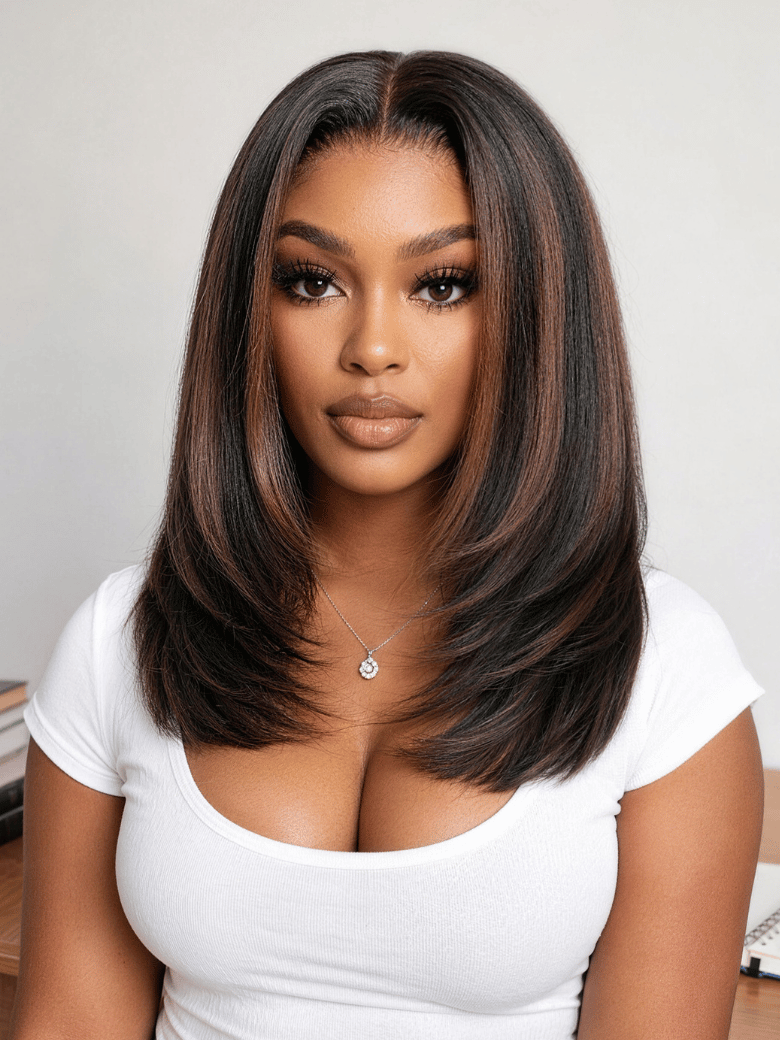 UNice Bye Bye Slip™ 7x5 Lace Chocolate Brown with Auburn Highlights Shoulder Length Layered Bob Glueless Wig