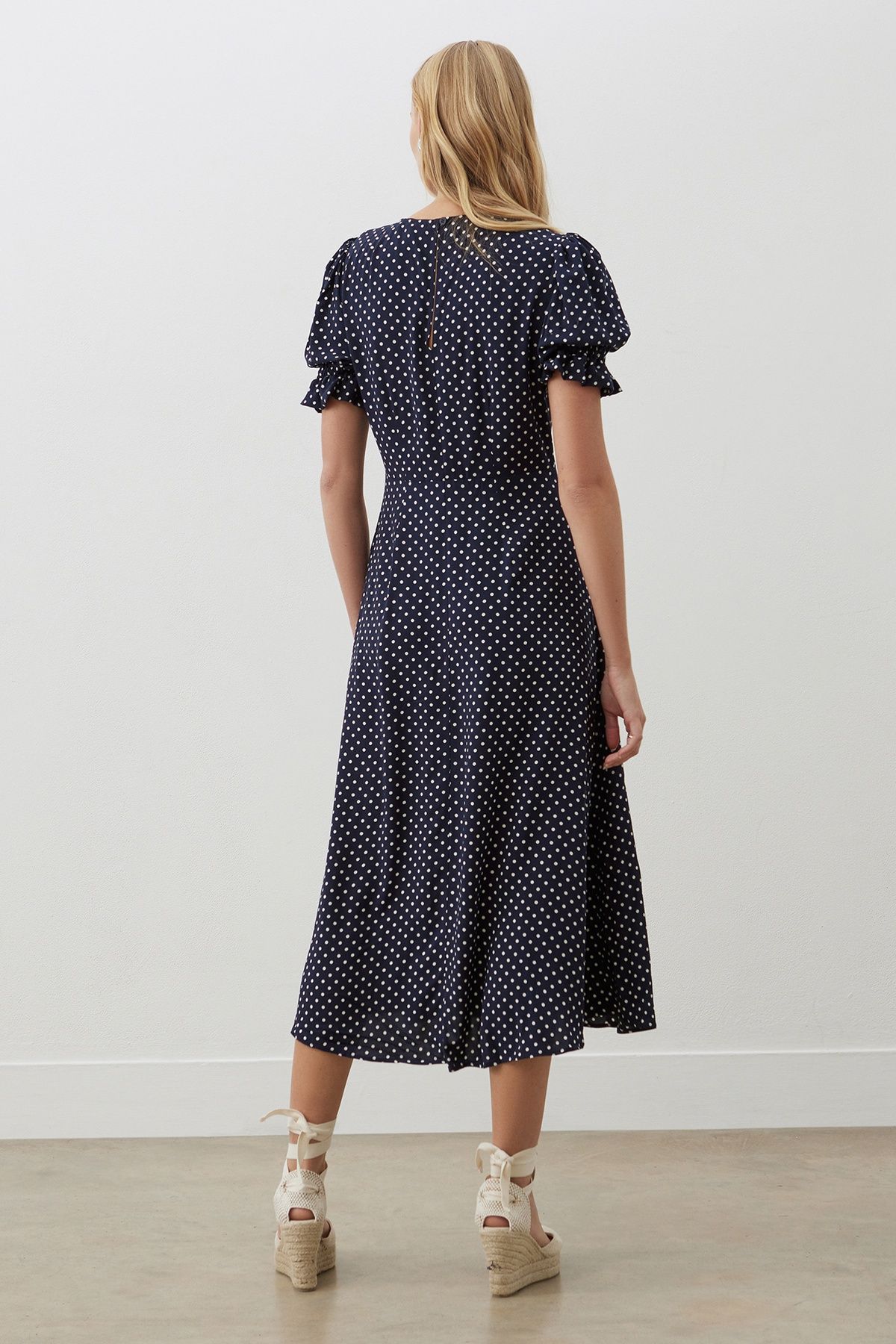 Finery London Mela Polka Dot Midi Tea Dress In Navy