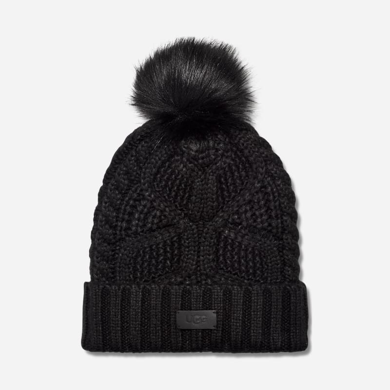 ® Women's Cable Beanie With Pom Knit/Faux Fur Hats in Black