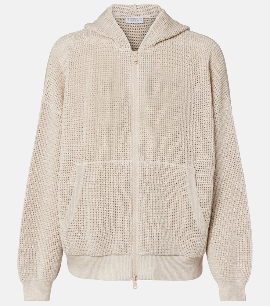 Open-knit cotton-blend lamé zip-up hoodie