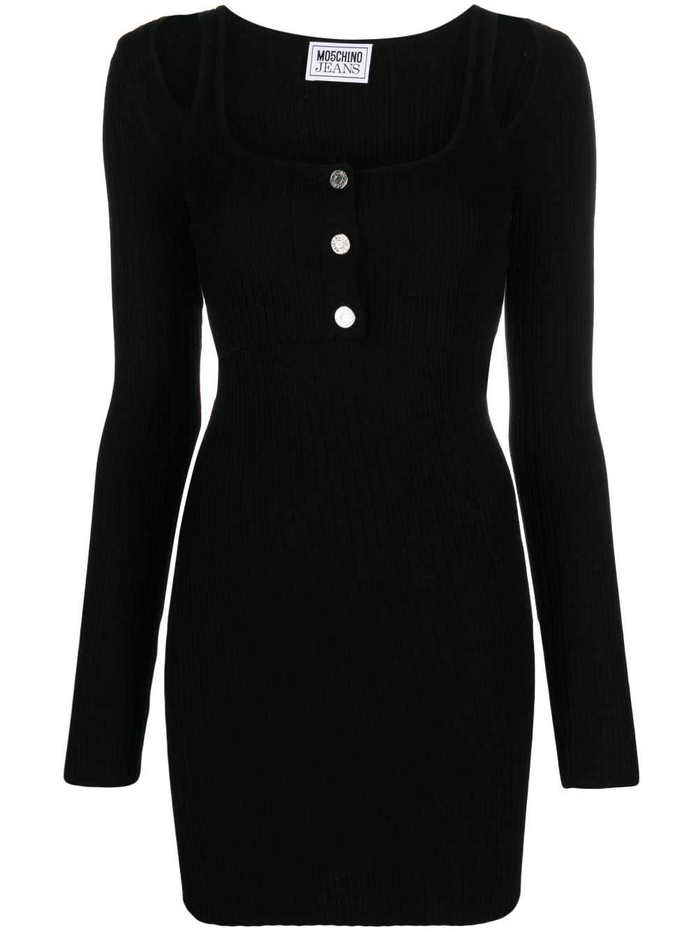Long-sleeve ribbed-knit dress - Black