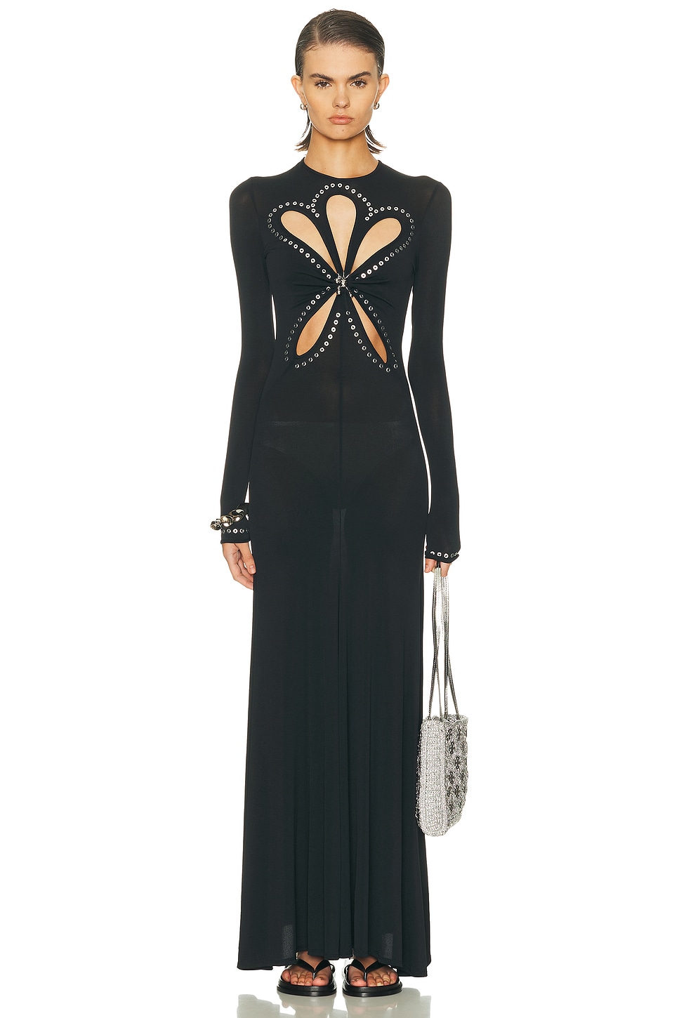 RABANNE Flower Cut Out Long Dress in Black - Black.  40 also in 34