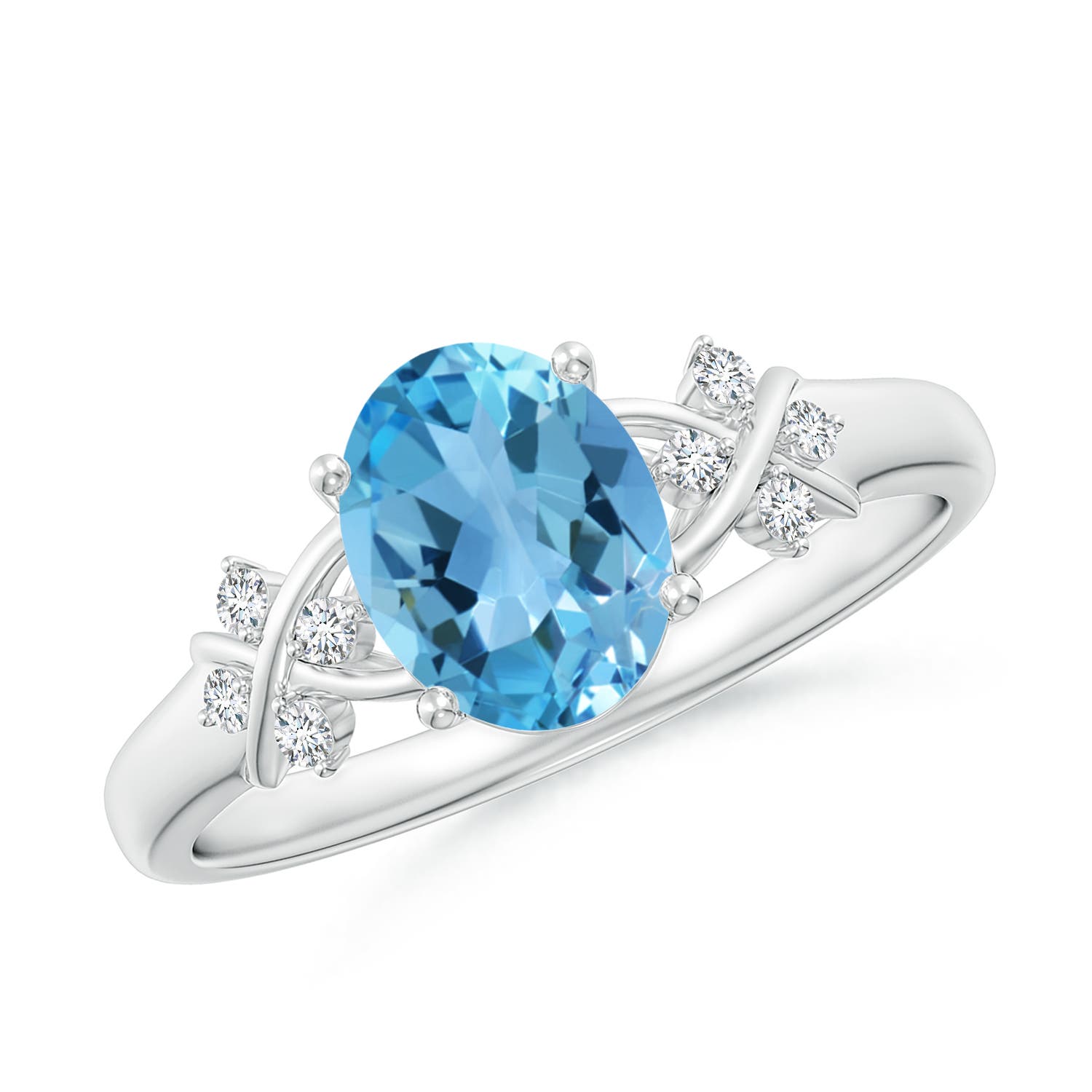 Angara 1.5 Carats Solitaire Oval Swiss Blue Topaz Criss Cross Ring with Diamonds in Platinum