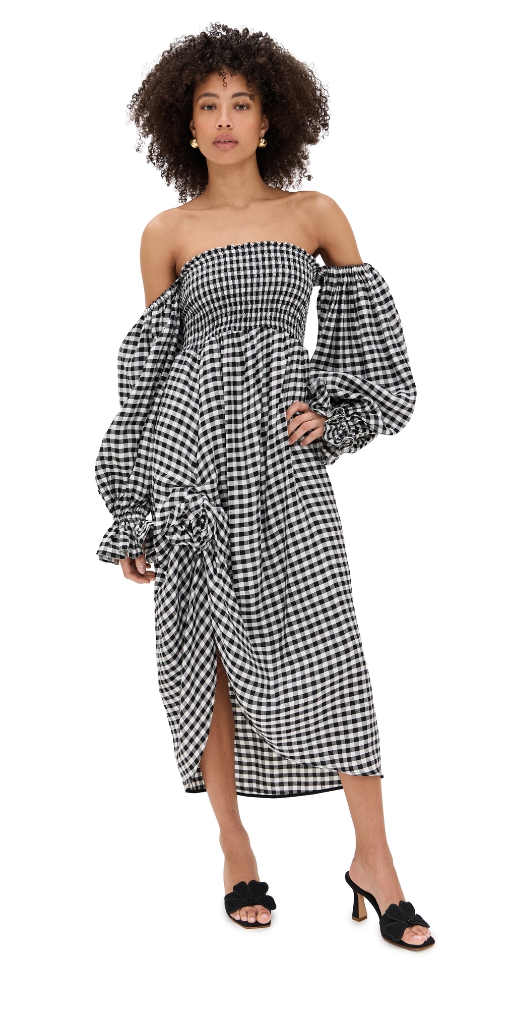 Sleeper Atlanta Linen Dress with Rose Detail Black Vichy