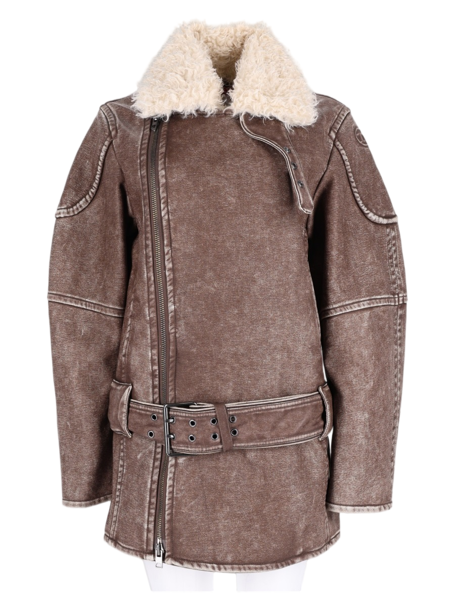 Brown Distressed Shearling-Collar Polyurethane Jacket