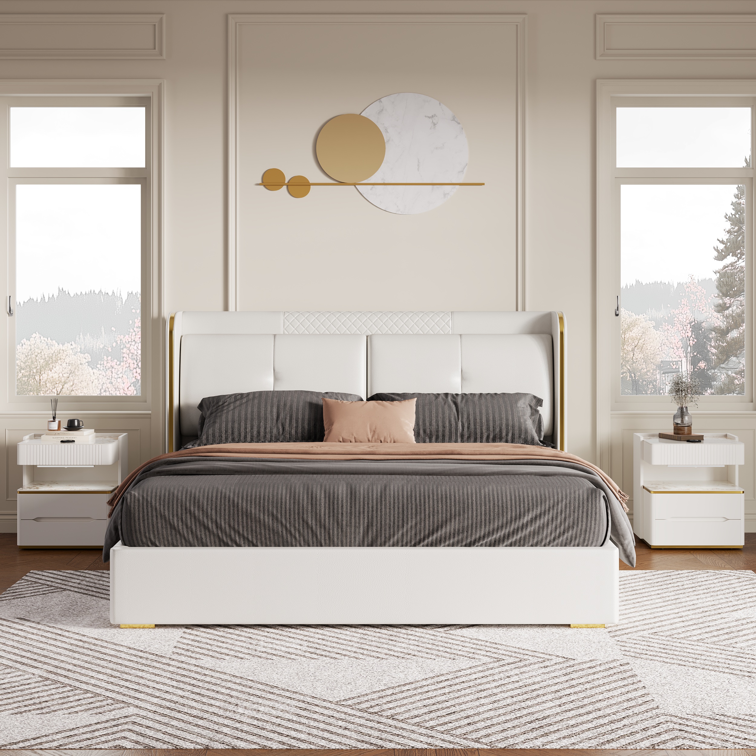 Queen Upholstered Platform Bed with Faux Leather Wingback Headboard & 2 Nightstands Set with Wireless Charger & Sensor Light & Bluetooth Speakers