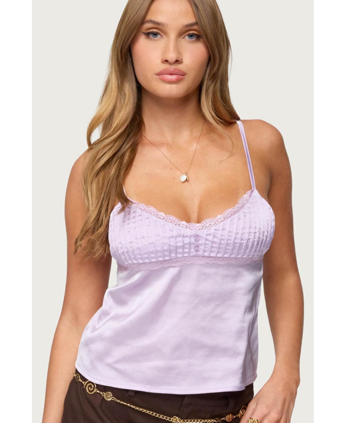 Womens Blanca Satin Lace Trim Tank Top - Lilac