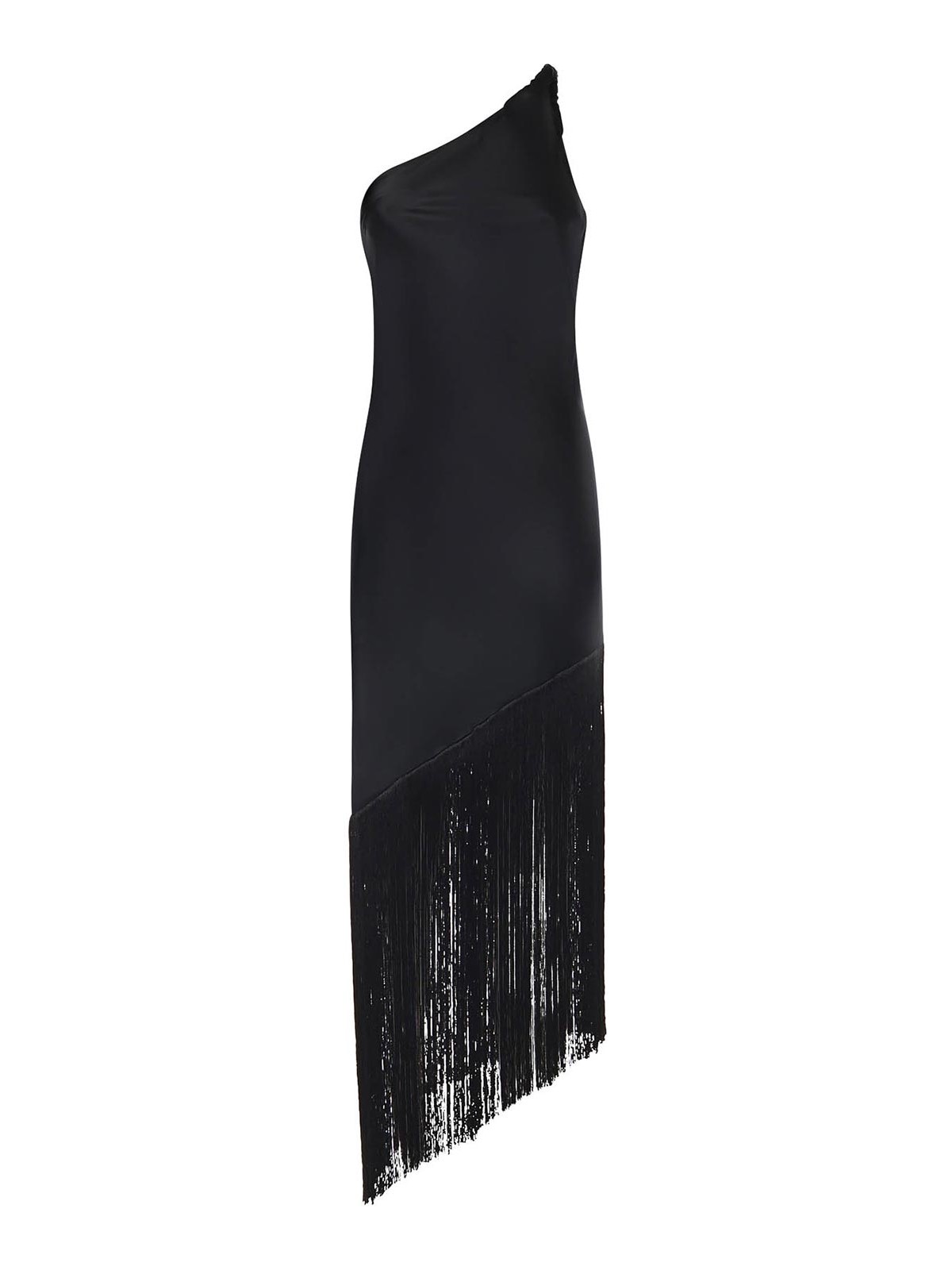 Satin one-shoulder mini dress with fringing - 36