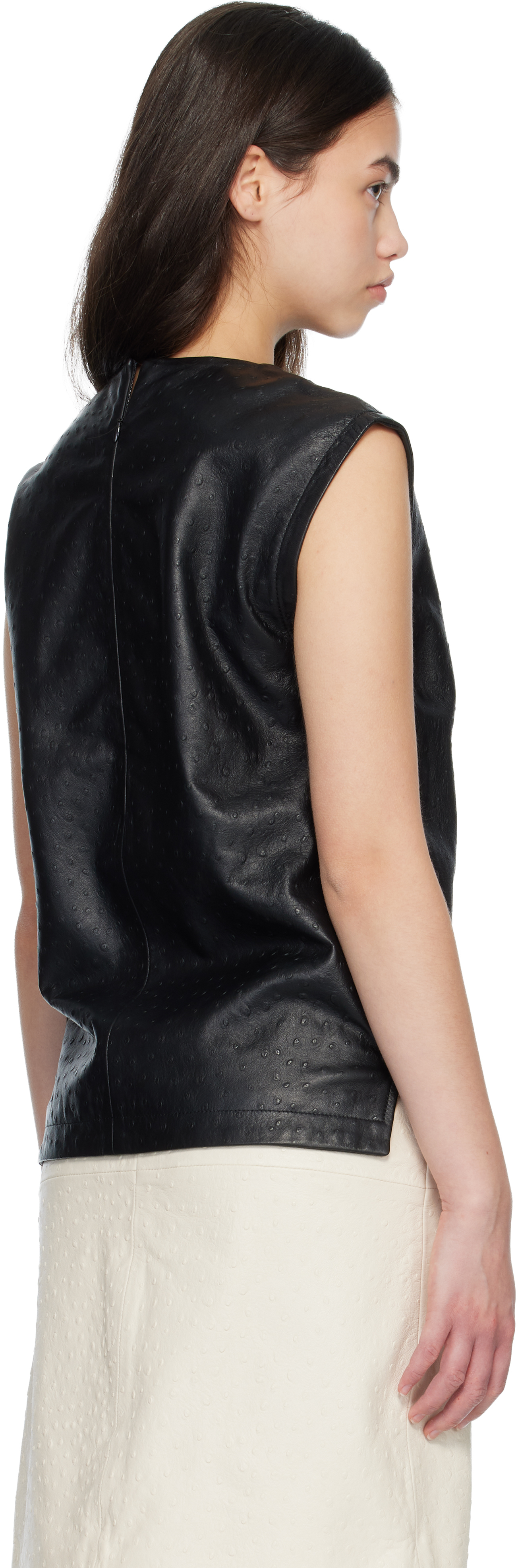 Black FIZA Ostrich-Effect Leather Blouse