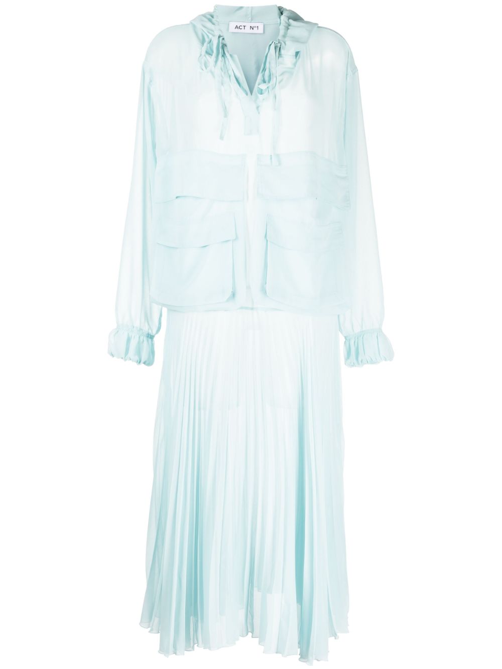 Pleated long-sleeve organza dress - Blue