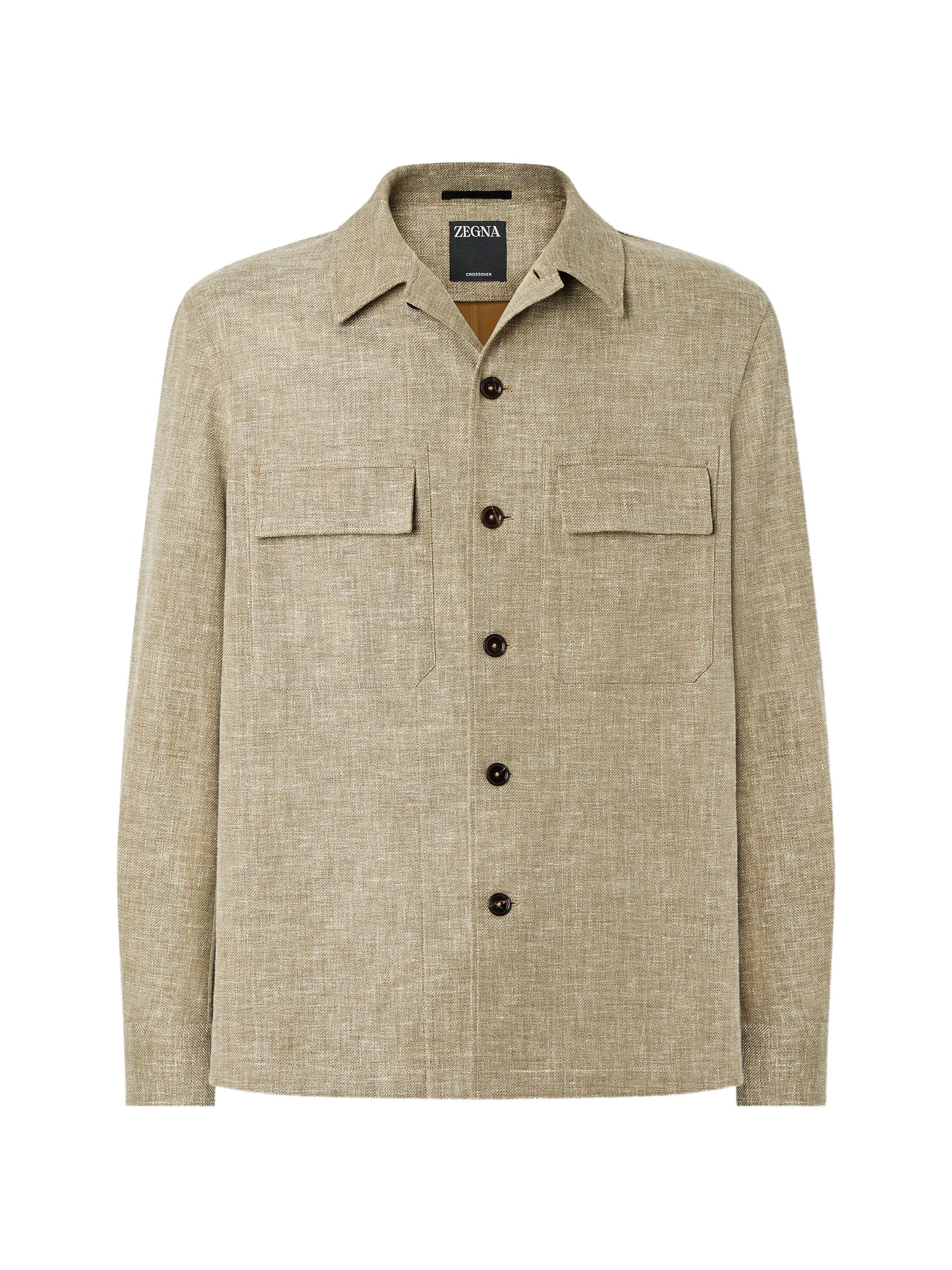 Regular-Fit Linen-Wool-Silk Button-Up Shirt with Leather Details & Elbow Patches