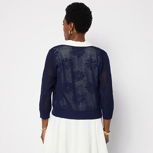 3/4 Sleeve Knit Open Hole Bolero Top - Ivory/Off White