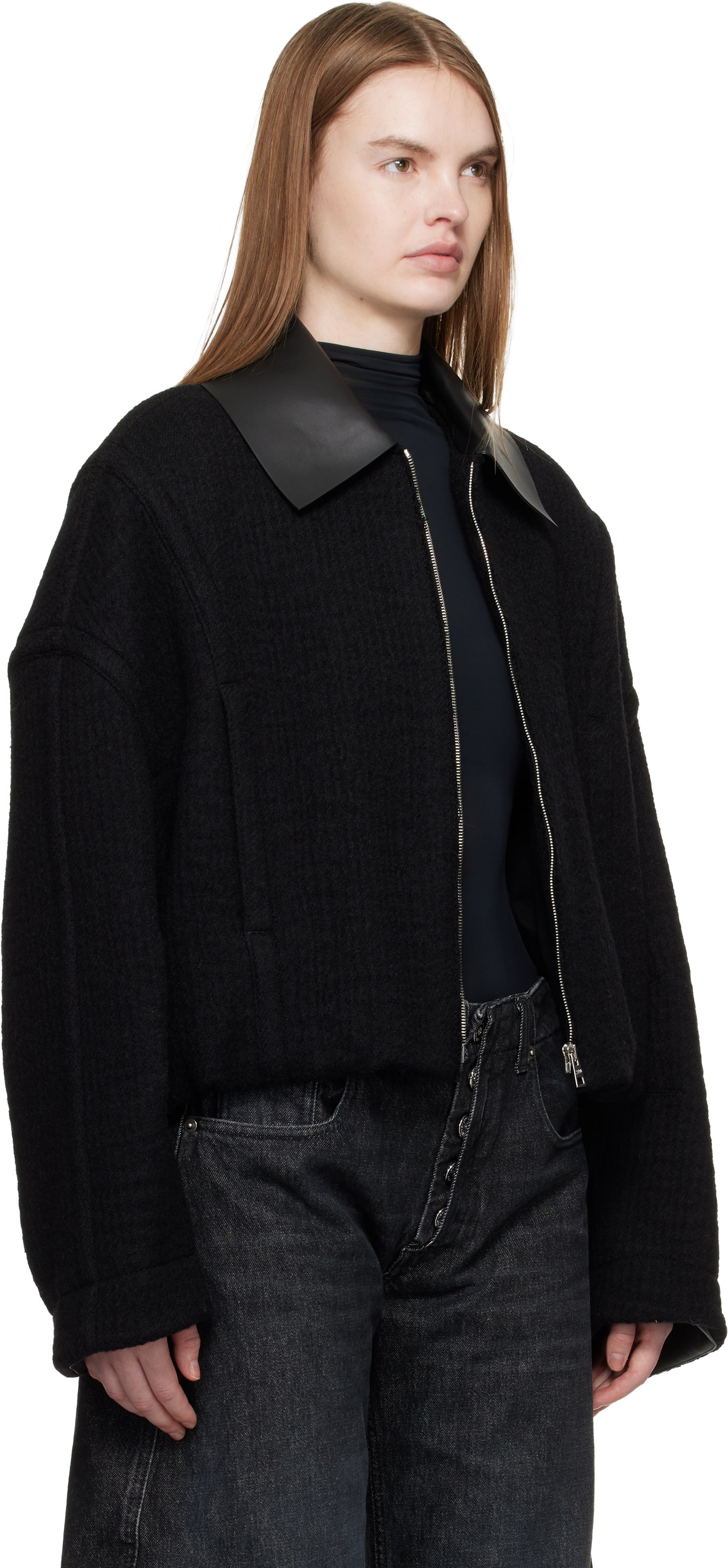 Black Heavy Wool Bomber Jacket