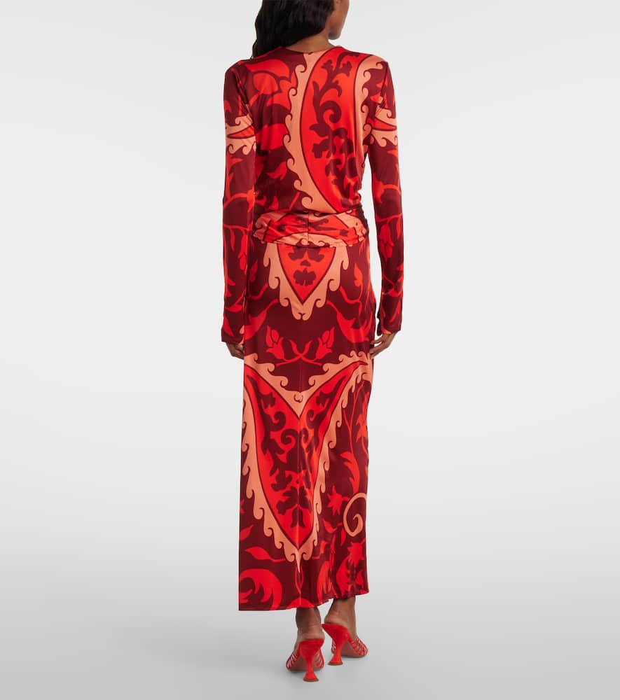 Gathered printed jersey midi dress