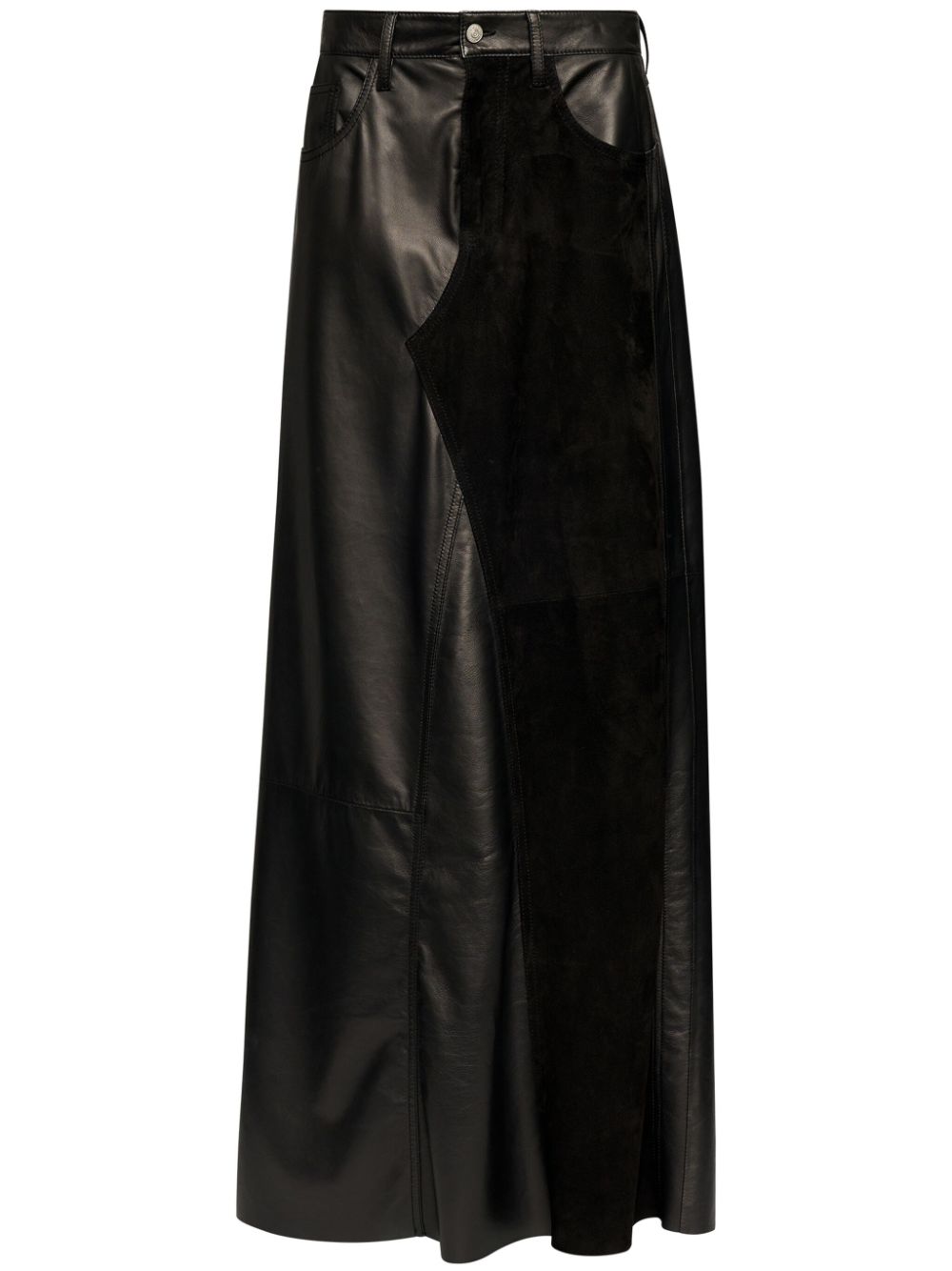 5-pockets panelled leather long skirt - Black