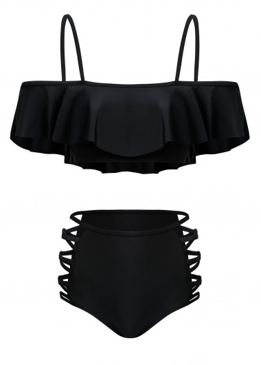 Modlily Mid Waist Black Flounce Lace Up Bikini Set