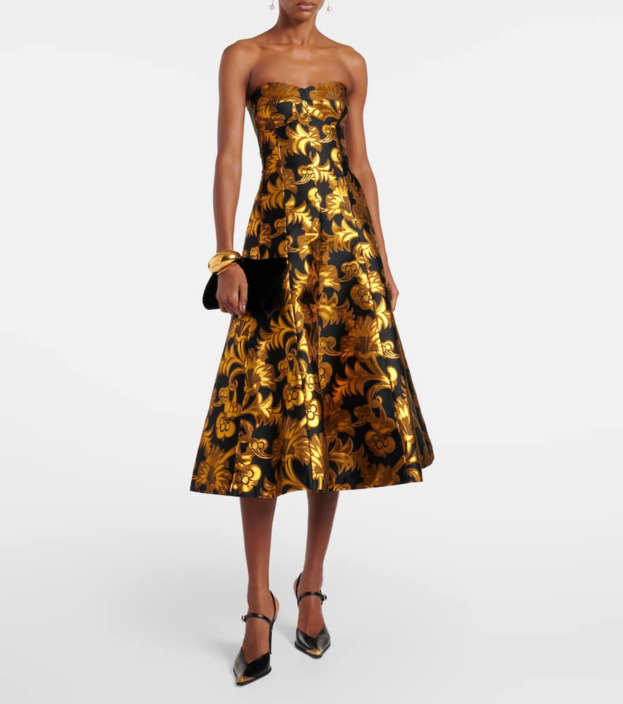 Semi-sheer strapless lamé maxi dress